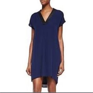 VINCE Silk & Lamb Leather Trimmed Navy Tunic Dress Short Sleeve Size Medium
